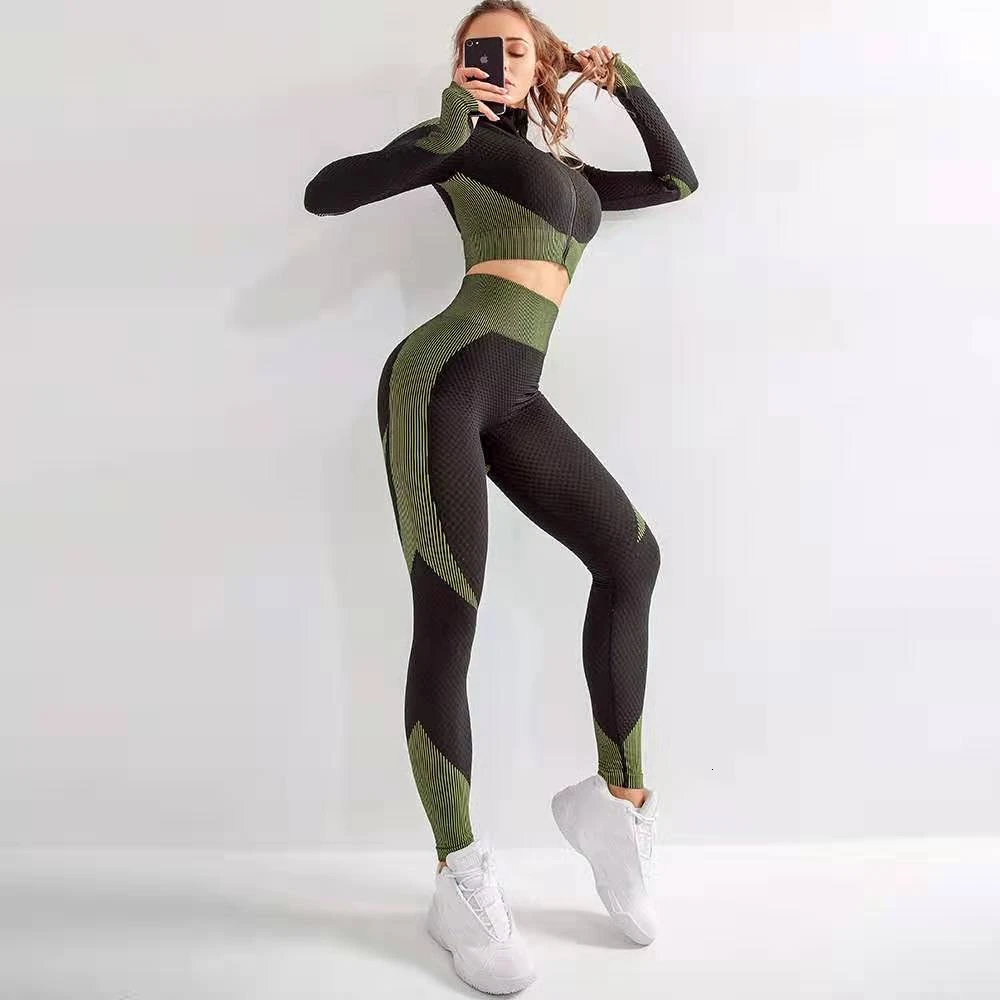 AYICHEN бесшовный Женский комплект для йоги, спортивный костюм для фитнеса, одежда для спортзала, топ на молнии с длинным рукавом, леггинсы с высокой талией для бега, штаны для тренировок