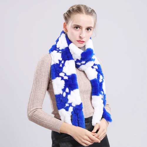 white and blue Длинный стильный женский зимний настоящий шарф из меха кролика рекс натуральный шарф из меха кролика рекс s брендовый вязаный шарф из меха кролика рекс - Цвет: white and blue