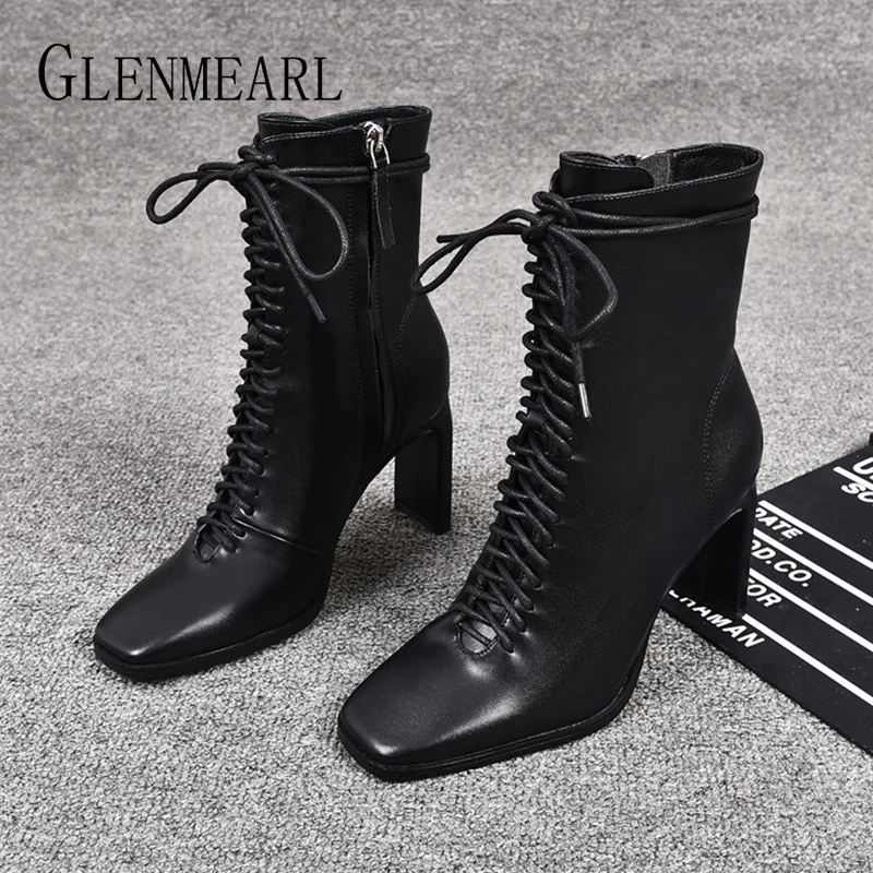 Cena Kobiety skórzane buty modne szpilki buty zimowe zasznurować kobieta Martin buty kwadratowe Toe botki buty damskie obcasy