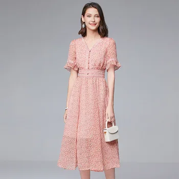 

women pink chiffon small fresh crushed floral dresses 2020 summer long casual sexy office work beach plus size dress slim