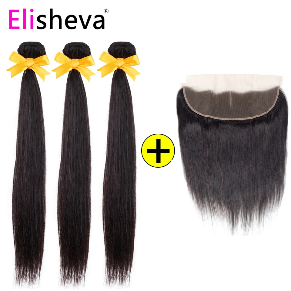

Elisheva Brazilian Human Hair Bundles With Frontal Natural Color Close to 1B Remy Straight 3/4 Bundles With Ear to Ear Frontal