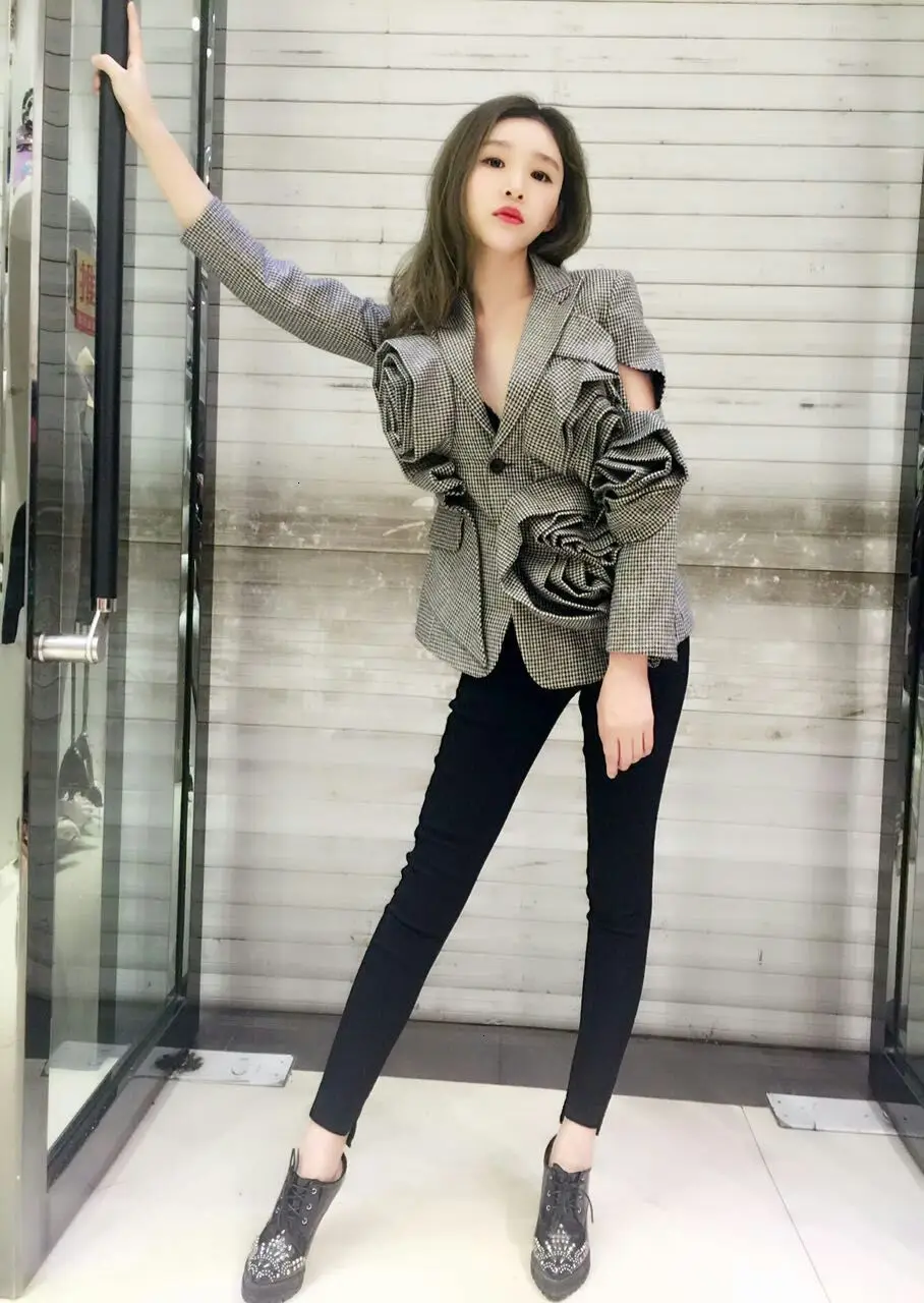 high end custom плиссированные клетчатая дизайнерские тонкие штук короткая куртка экспресс-, розничная, L815