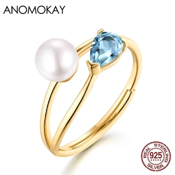 

Original Design Blue Topaz Gold Color Rings Resizable Natrue Pearl 925 Silver Ring for Women Girl Fashion Novel Jewelry Gift