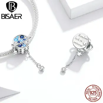 

BISAER 2020 New 925 Sterling Silver Mysterious Blue Planet Shape Charms Pendant fit for Bracelets Necklaces Jewelry HVC365