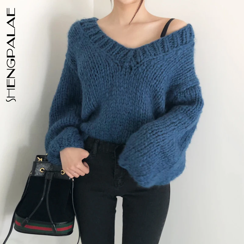 SHENGPALAE 2020 Ins Korean Fashion Loose Knitting Pullovers Batwing Sleeve V Collar 4 Colors Autumn Winter Women Sweater FT465 | Женская
