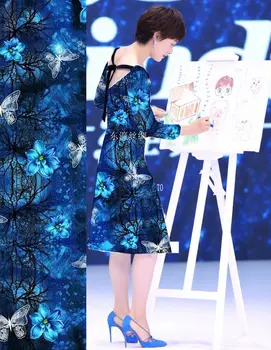 

New Women Dresses Super High-end Computer Digital flowers blue Heavy Sattin 96% Natural Silk Fabric Woven Tissu Wholesale Retail