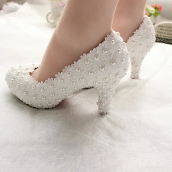 

White Wedding Shoes Bridal Shoes Banquet Lace Pearl Handmade Crystal Shoes Spring, Summer, Autumn and Winter Shoes