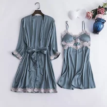 Сексуальное женское кимоно, халат, атласное платье, 2 шт., костюм-двойка, шелковистая Домашняя одежда, ночная рубашка и халат, набор, мягкая домашняя одежда