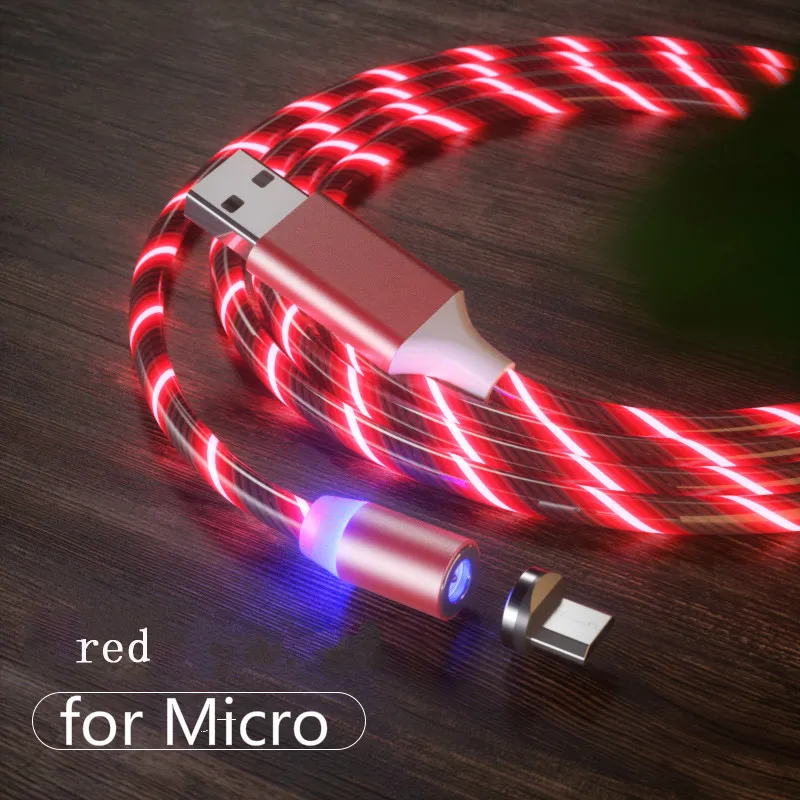 LED Lighting Magnetic USB Cable Flow Luminous Phone Cable for iPhone Type C Micro Data Wire for Apple Samaung Huawei Micro Kable - Цвет: Red for Micro