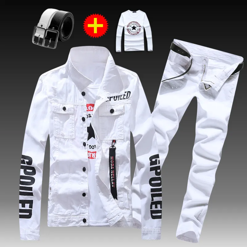 Men's Slim Fit Denim Jacket Pants 2pcs Set Long Sleeve Coats Letters Printed Casual Large Size Black White Red Boys Trousers Men's Slim Fit Denim Jacket Pants 2pcs Set Long Sleeve Coats Letters Printed Casual Large Size Black White Red Boys Trousers