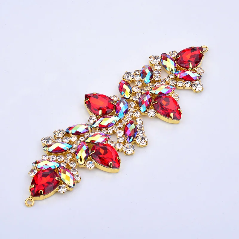 JUNAO 4.5x14cm 로즈 레드 블루 AB 크리스탈 체인 라인 석 커넥터 꽃 유리 Strass Applique 비키니 브래지어 스트랩 트림 DIY