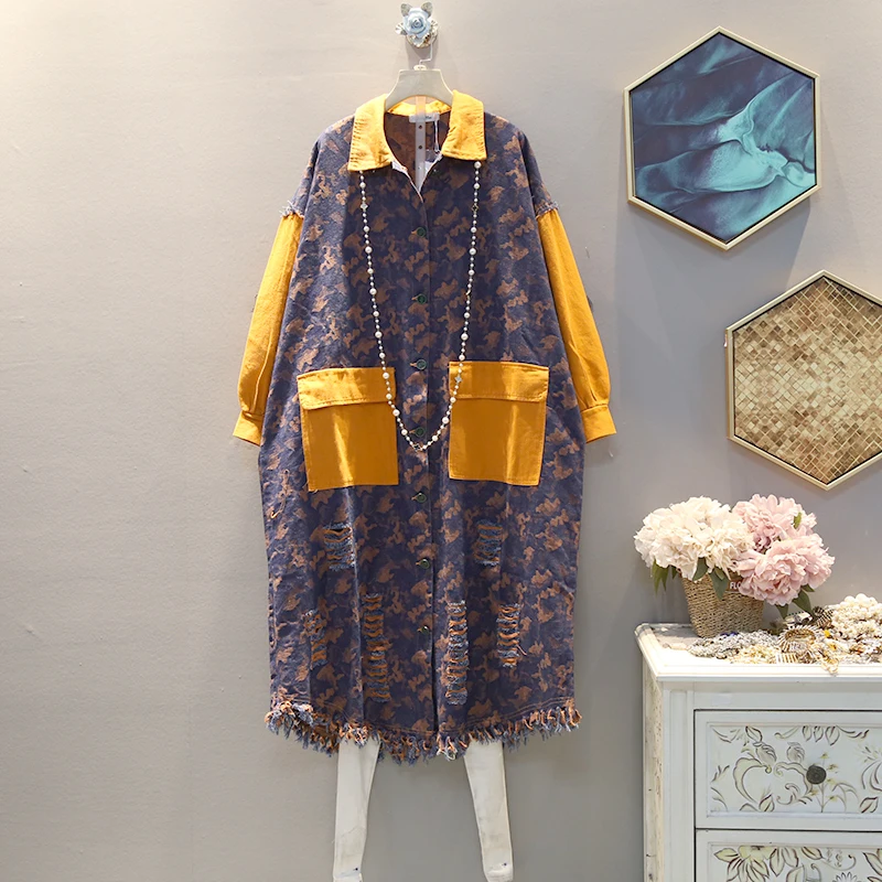 

[EWQ] 2020 Spring Summer New Pattern Lapel Long Sleeve Print Patchwork Double Breasted High Street Shirt Women Blouse AK70106