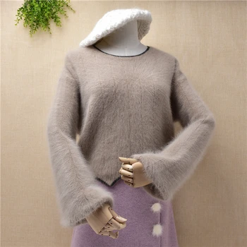 

Elegant Winter Crop Top Women O-neck Long Sleeves Sweater Mink Cashmere knitted Angora rabbit fur Pullover Pull Female Jumper