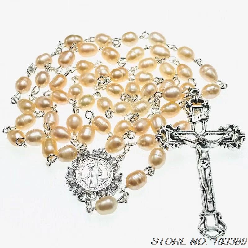 Овальный пресноводный жемчуг католический крест ожерелье с четками со стразами Бенедикт центральный и Иисуса