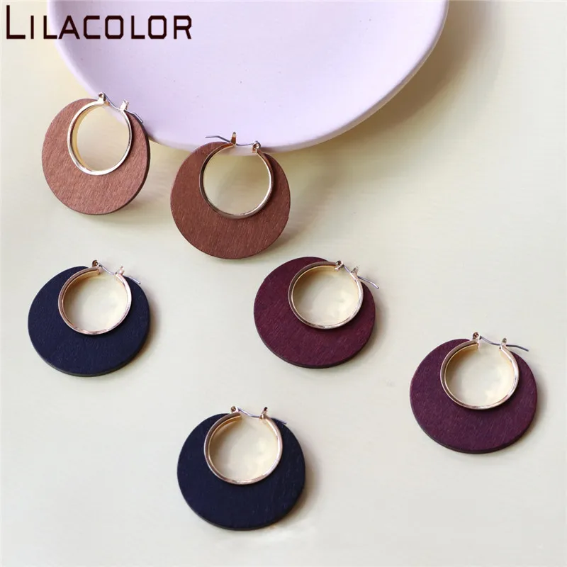 

Lilacolor Wood Geometric Hollow Round Hoop Earrings Simple Fashion Girls Lady Hoop Earring Party Beach Ear Jewelry Accessories