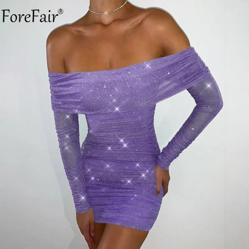 Forefair с открытыми плечами длинным рукавом сетка блестящее платье облегающее