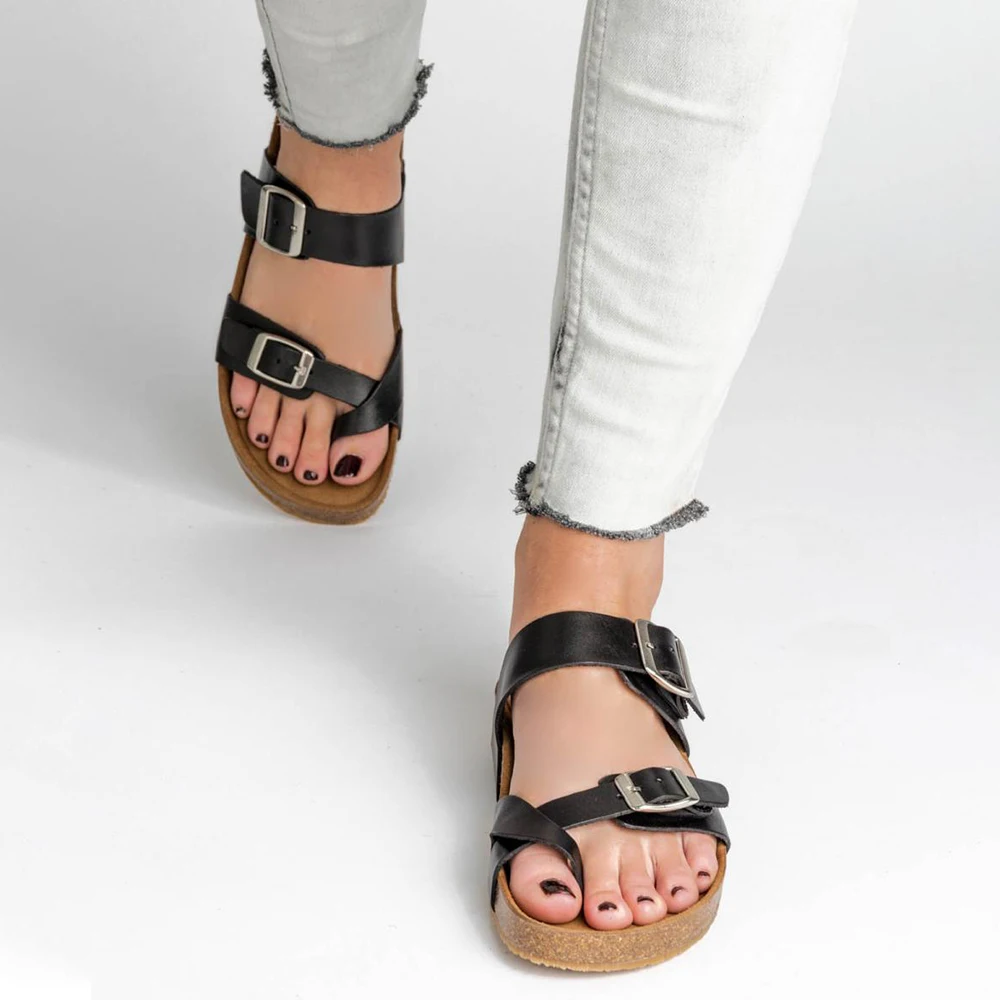 

LOOZYKIT Summer Beach Cork Slippers Casual Double Buckle Clogs Solid Rome Style Sandalias Women Slip on Flip Flops Flats Shoes