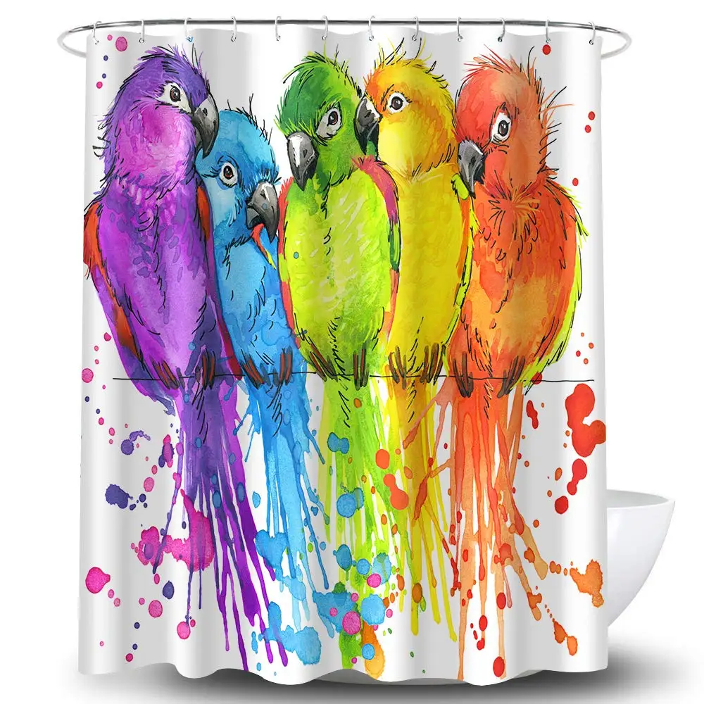 

Rainbow Parrot Bird Shower Curtain Watercolor Lorikeet Painting Line Purple Blue Green Yellow Orange Animals Bathroom Decor