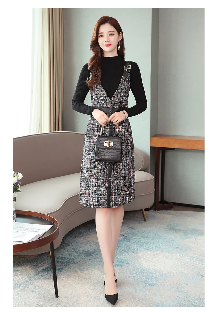 Осень зима женский модный комплект из 2 предметов платье женский черный вязаный свитер Топ+ однобортный клетчатый твидовый комбинезон платье