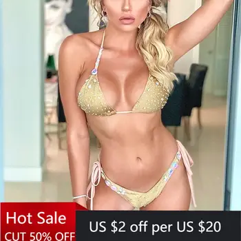 

Hot Sale In 2020 New Solid Color Tie Tie Knot Women Split Crystal Low Waist Bikini Champagne Celebration Sexy Women's Swimsuit