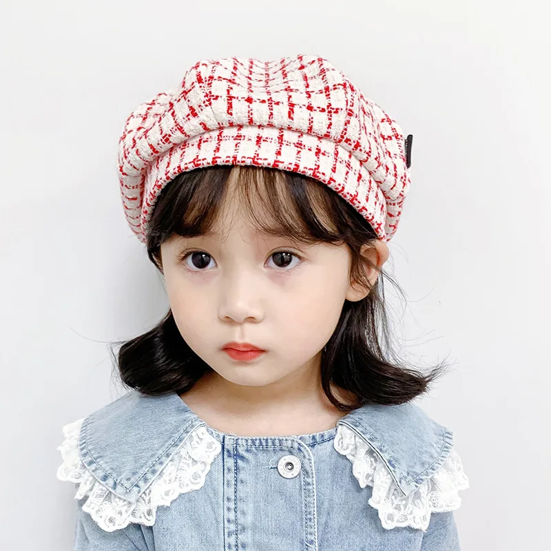 Autumn Fashion Plaid Beret Outdoor Party Bud Cap for Girls Octagonal hat Photography Props Hat Kids Headwear Accessories 2-4Y