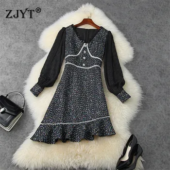 

2020 New Autumn Winter Runway Fashion Lantern Sleeve V Neck Beading Patchwork Asymmetrical Tweed Woolen Dress Woman Clothes