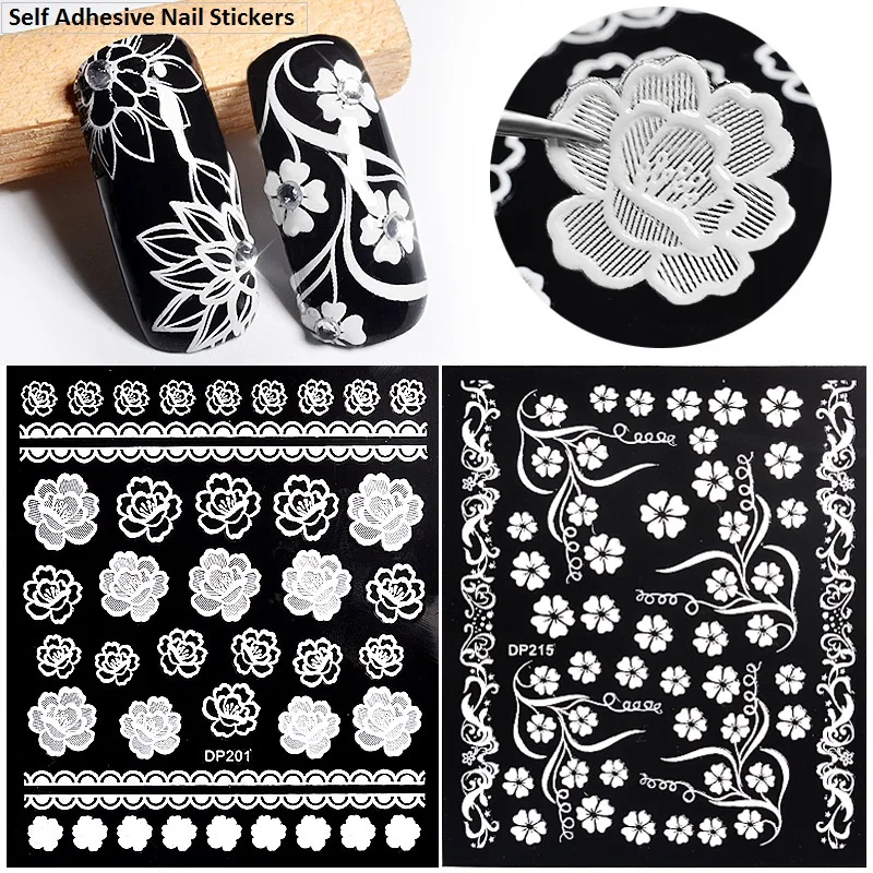 

Nail Sticker 3D Flower Lace Embossed Self Adhesive Charm Slider White Adesivo Nagels Wraps Manicure Decals Nails Art Decorations