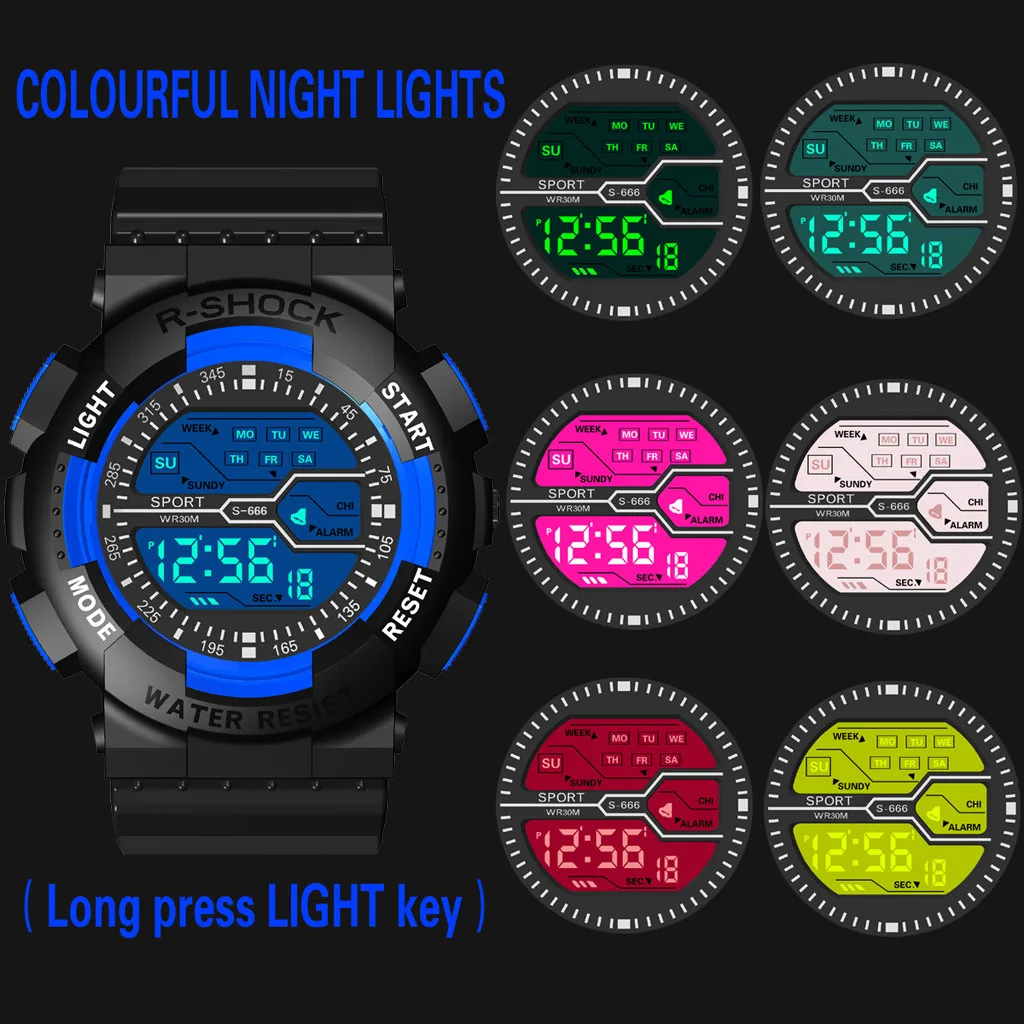 Цифровые мужские часы семь цветов красочные светящиеся многофункциональные спортивные модные электронные часы для мужчин