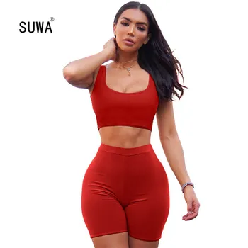 

2020 Wholesale Summer Two Piece Crop Top Fitness Outfits Women Biker Shorts Sweat Clothes Festival Club Tracksuit Matching Sets