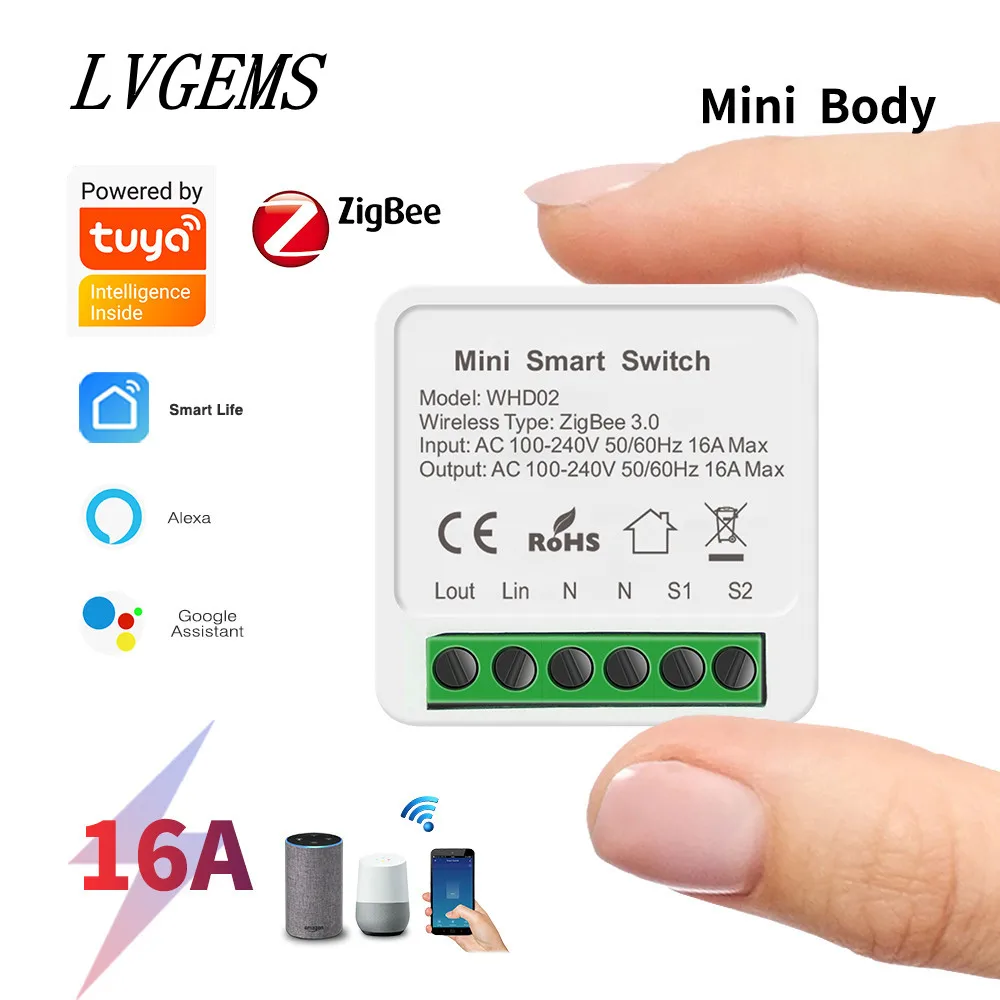 Tuya Zigbee Smart Switch 2 Way Breaker 16A Relay Home Adapter Smart life APP Timing Works With Google Home Aleax