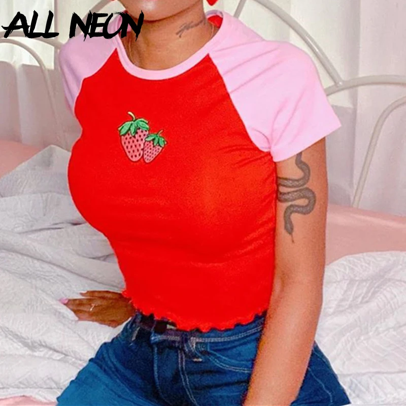 ALLNeon Sweet Strawberry Embroidery Front Crop Tops E-girl O-neck Short Sleeve Patchwork Red T-shirts Fashion Summer Kawaii Tees