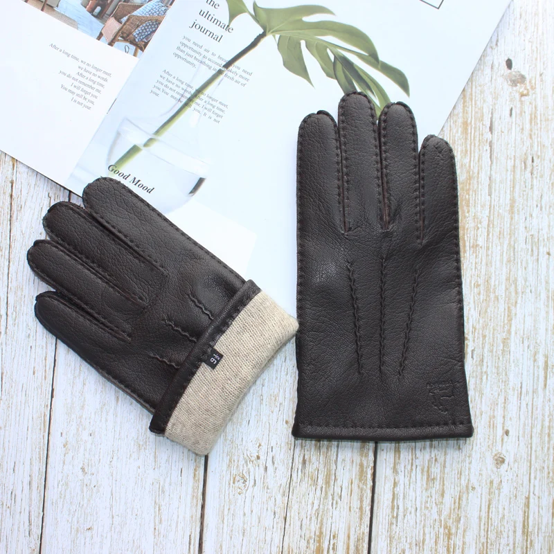 Men's new deerskin gloves touch screen hand sewn stylish corrugated wool knit lined warm driving leather gloves
