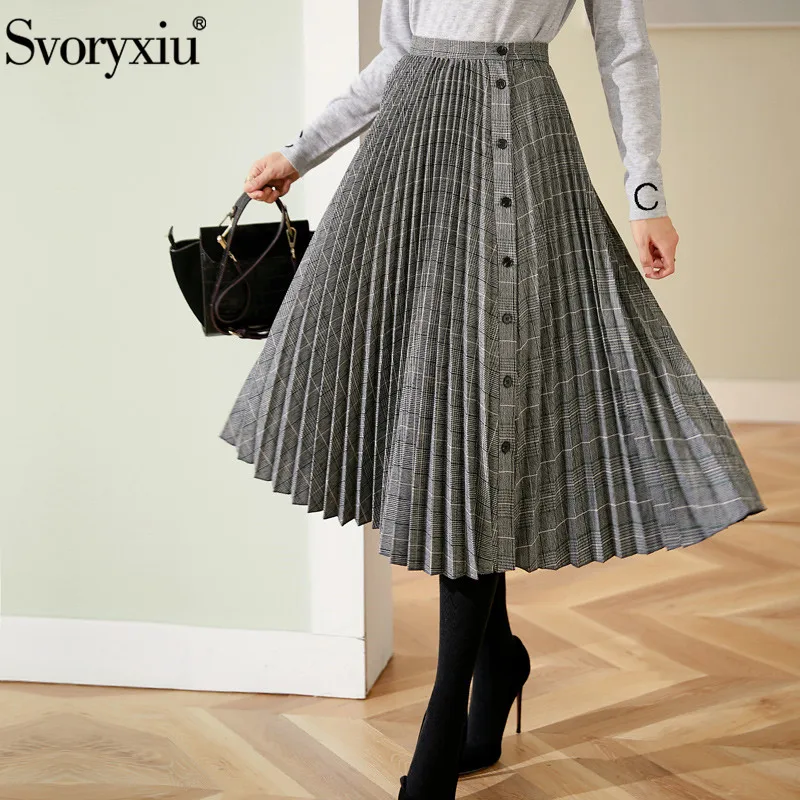 Svoryxiu дизайнерская брендовая Осенняя зимняя винтажная клетчатая плиссированная юбка женская модная Современная однобортная юбка миди