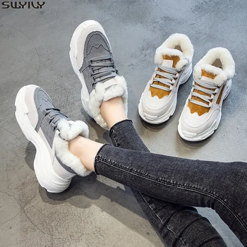 

SWYIVY Wedge Shoes Woman Suede Short Plush Women Winter Shoes 2019 Warm Mixed Color Chunky Sneakers For Women Sewing Ladies Shoe