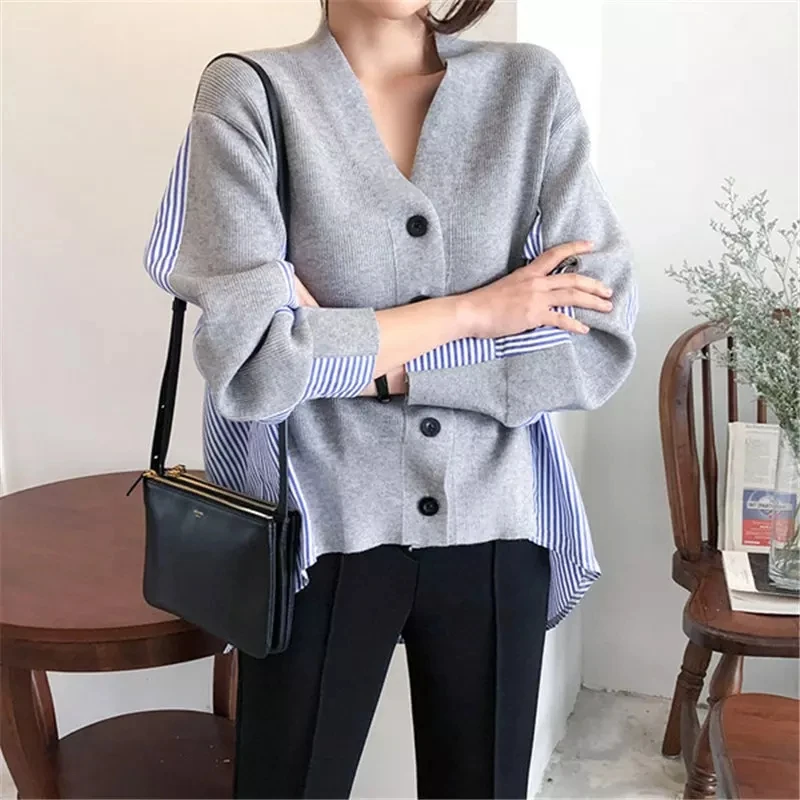 Spring and Autumn New Tide Net Red Shirt Stitching Fake Two Knitted Cardigan Women's Foreign Style V-neck Sweater Coat