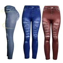 Sfit женские эластичные леггинсы с принтом, имитация джинсов, Бесшовные Джинсовые леггинсы, повседневные облегающие эластичные узкие брюки с высокой талией