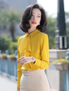 

2020 Xia Yangqi Occupation Joker Long Sleeve Chiffon Heart Machine Top Yellow Shirt Female Design Feeling Xiaozhong