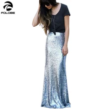 FOLOBE/Новинка года; женская Серебристая юбка в пол с блестками и хвостом; средняя талия сплошной цвет; офисные женские осенние модные юбки для вечеринок