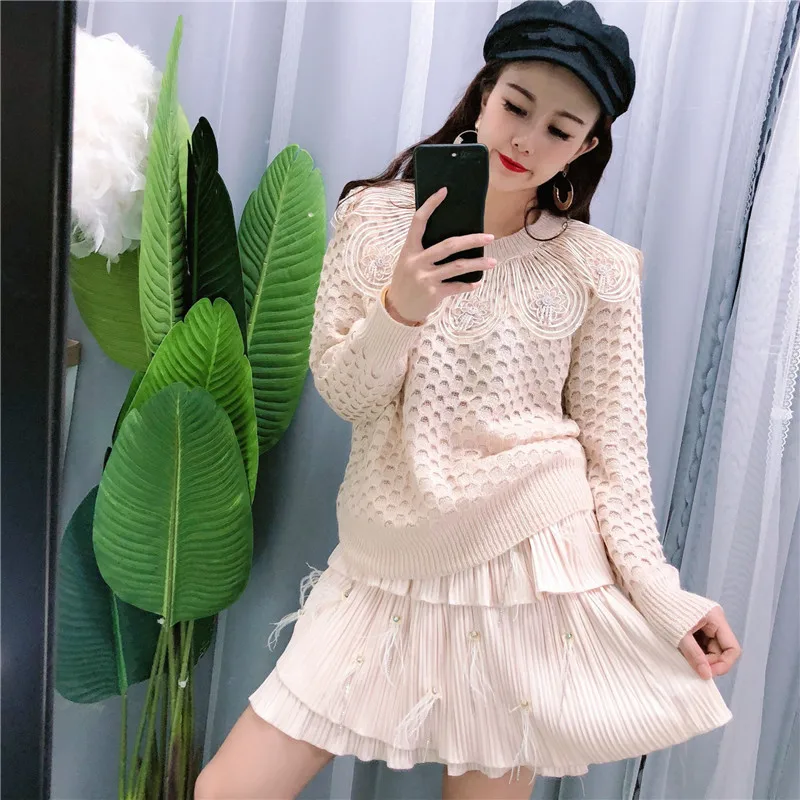 WHITNEY WANG Осень Зима Мода 3D Цветы Питер Пэн воротник свитер женский джемпер sueter mujer invierno - Цвет: Бежевый