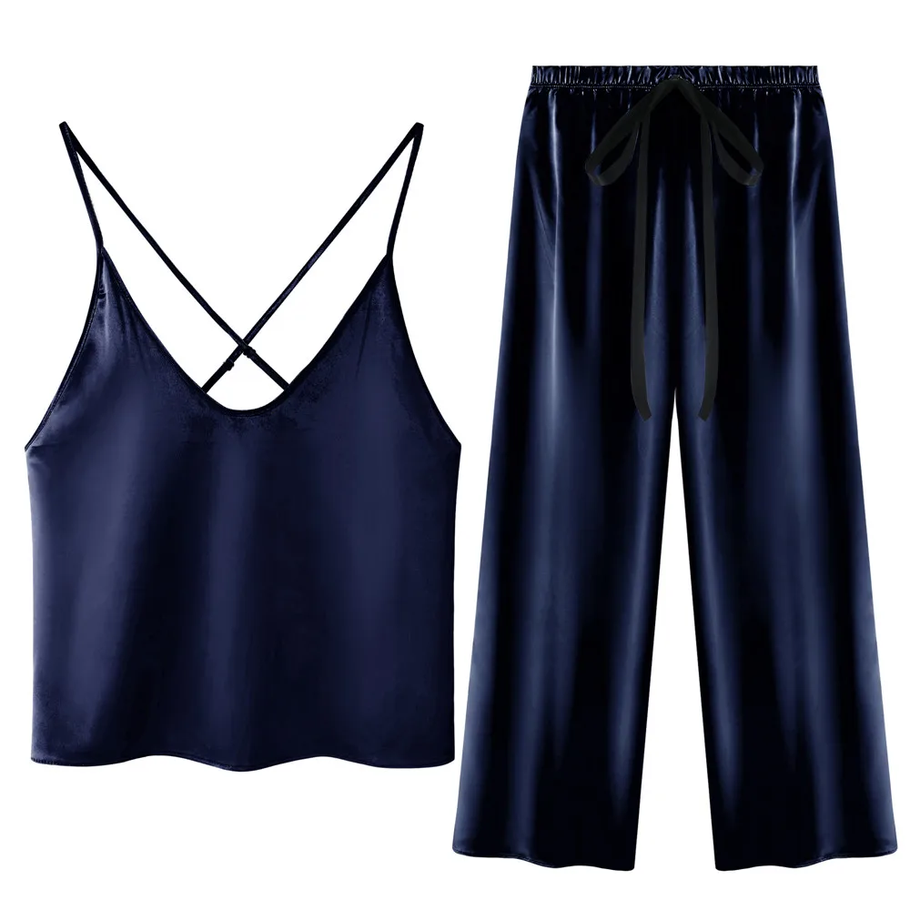 Womens Satin Pajama Set Sexy Pyjamas Criss Cross Back Camisole Pant Set Bow Nightwear Soft Loungewear