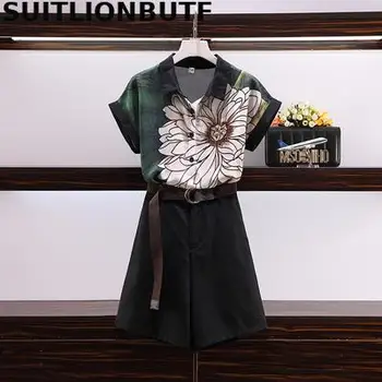 

l-5xl Plus Size 2 Piece Set Women Floral Print Turn-down Collar Short Sleeve Tops Belt Wide Leg Five Pants Office Set Ropa Mujer