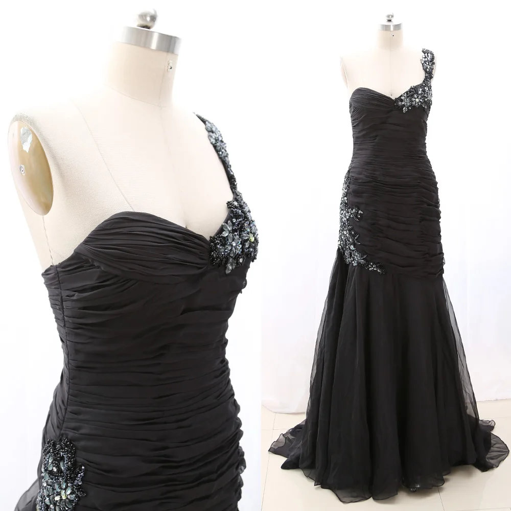 MACloth Black Mermaid Een Schouder Vloer Lengte Lange Crystal Chiffon Prom Jurken Jurk L 268137 Klaring