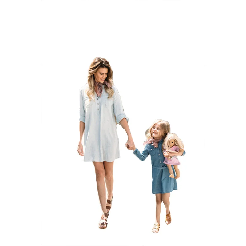 

2019 Fashion Mommy and Me Dresses Autumn Fashion New Parent-child Denim Dress Long Sleeve Family Clothes Mother Daughter Dresses
