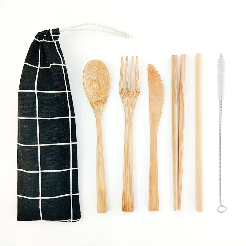 6Pcs/set Wooden Dinnerware Set Cutlery Bamboo Zero Waste Cloth Bag Eco Reusable 