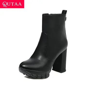 

QUTAA 2021 Square High Heel Ankle Boots Round Toe Zipper Women Shoes PU Leather Platform Autumn Winter Short Boots Size 34-43