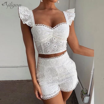 

Ailigou 2020 New Summer Women'S Sleeveless Lace Ruffled Hollow Top And Shorts 2 Two-Piece Sexy Party Se