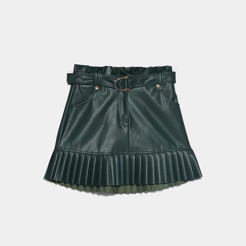 Зимняя винтажная юбка из искусственной кожи, женская черная юбка с высокой талией, уличная Корейская Сексуальная плиссированная мини-юбка с поясом kawaii, осенняя