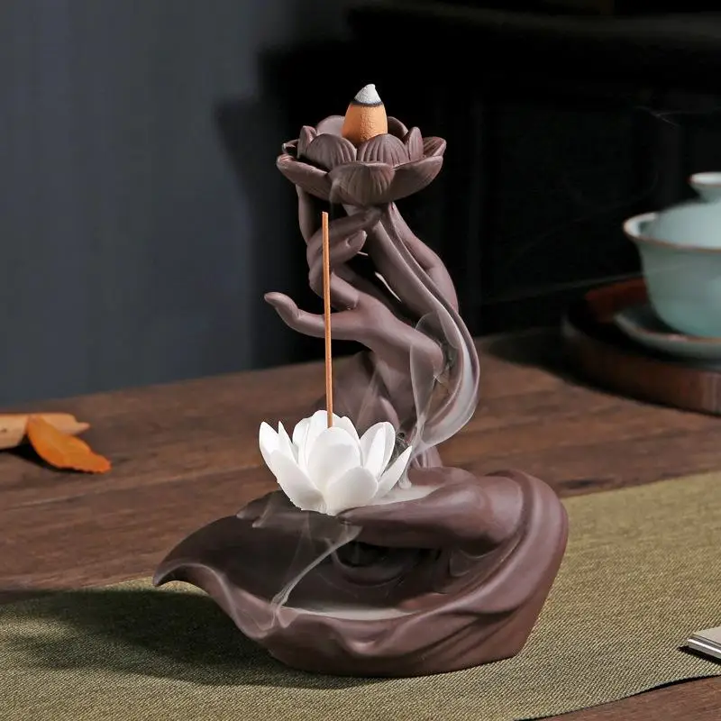 Backflow Incense Burner Buddha Hand Purple Sand Cermaic Incent Holder Smoke Waterfall Incense Sticks Holder Wierook Waterval - Цвет: 1