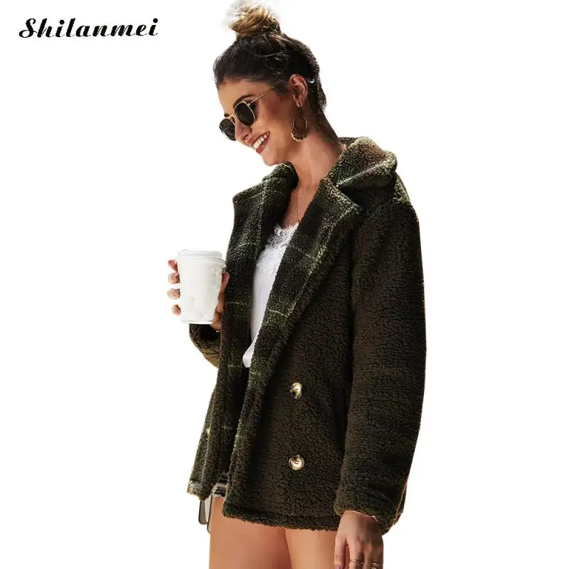 Флисовое пальто из искусственного меха Pacthwork, осенне-зимняя флисовая куртка, пальто, Женское пальто с отложным воротником, клетчатое