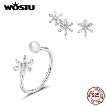 

WOSTU 925 Sterling Silver Dazzling Snowflake Finger Rings and Earrings Jewelry Sets for Women Wedding Statement Jewelry Sets
